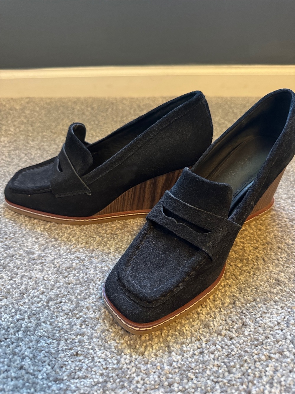 Sanctuary Black Suede Penny Wedge Loafers